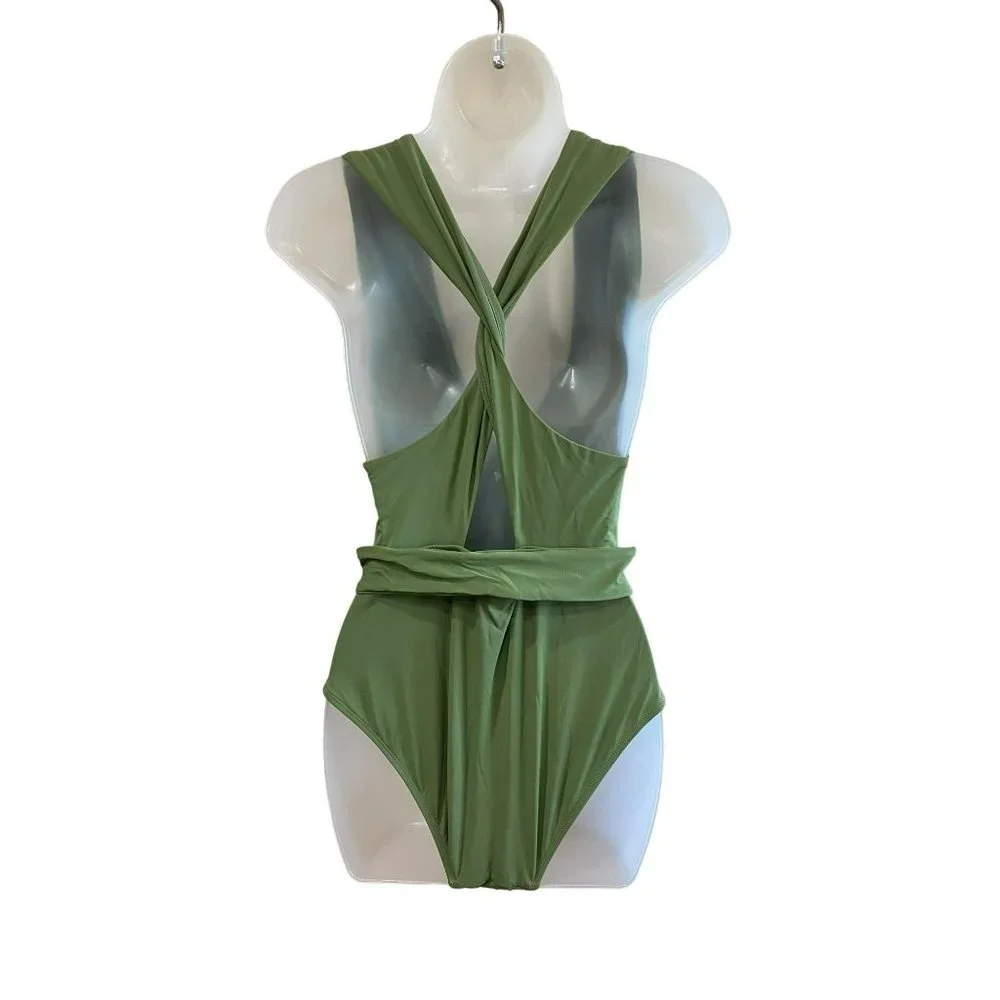Women's Solid Deep V One Piece Swimsuit Bay Leaf SIZE Medium
